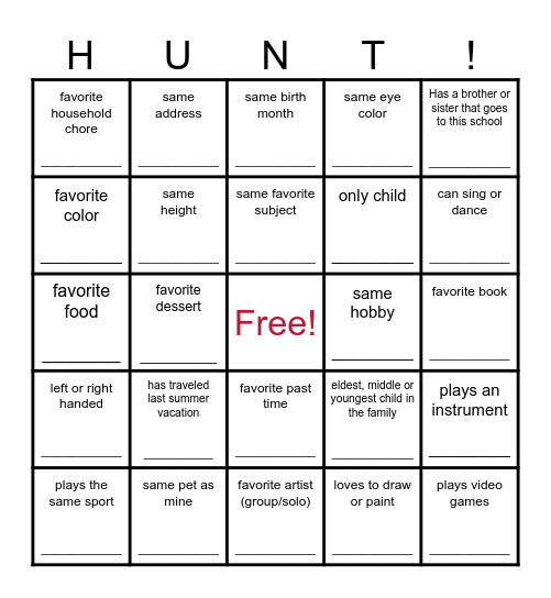 HUMAN SCAVENGER HUNT (Get to know your new buddies) Bingo Card