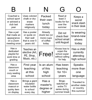 Welcome Back Bingo Card
