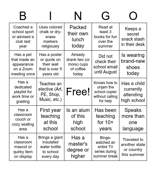 Welcome Back Bingo Card