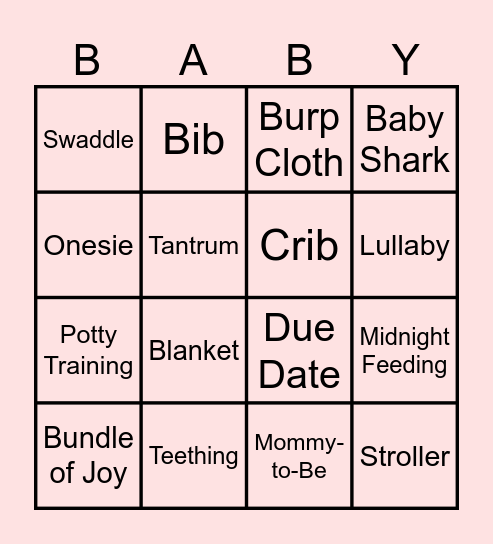 Baby Bingo Game Bingo Card