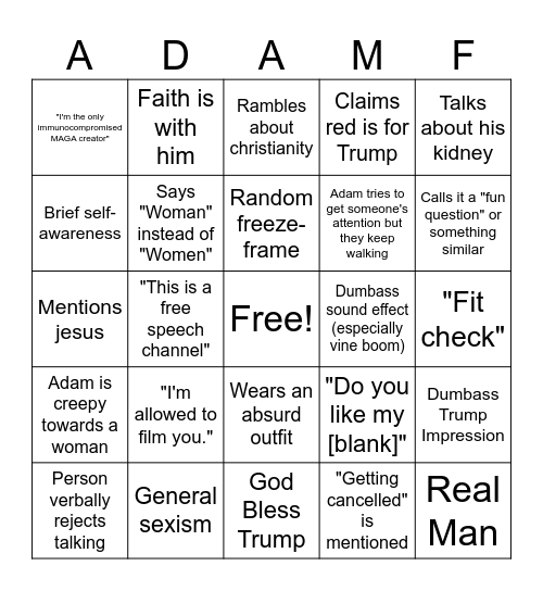 Adam Francisco Bingo Card