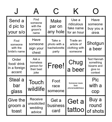 Bachelor Party Bingo Card