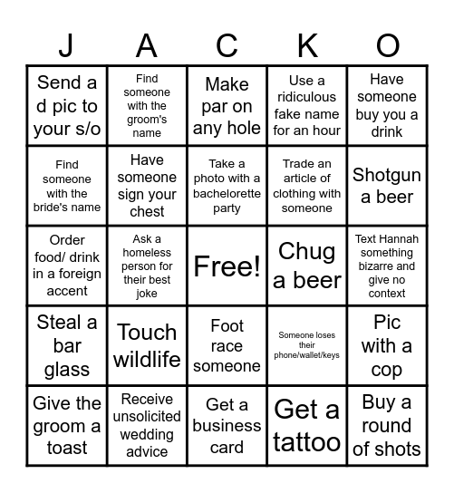 Bachelor Party Bingo Card