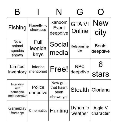 Extended look Bingo Card