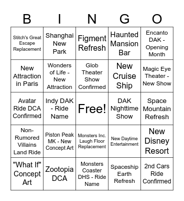 D23 Parks Panel Bingo Card