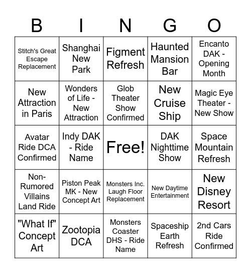 D23 Parks Panel Bingo Card