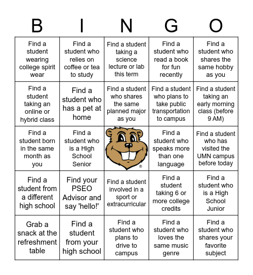 PSEO Campus Exploration Day Bingo Card