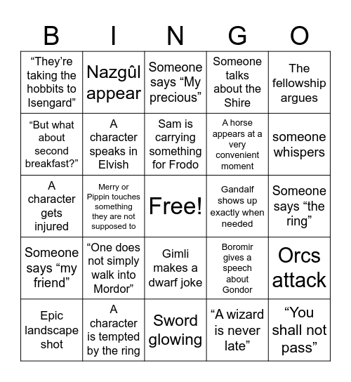 Lord of the Rings Bingo Card