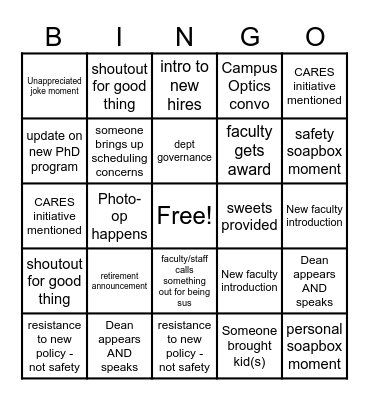 Department Meeting Bingo Card