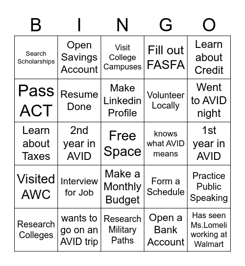 AVID Bingo Card