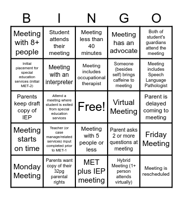 IEP/MET Bingo Card
