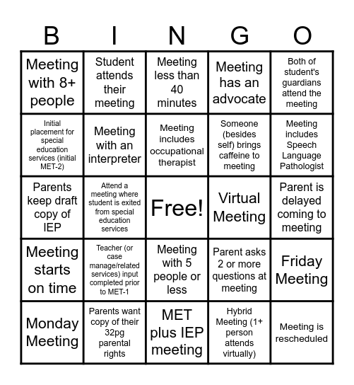 IEP/MET Bingo Card