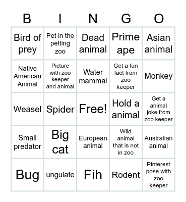 Oakland Zoo Bingo Card