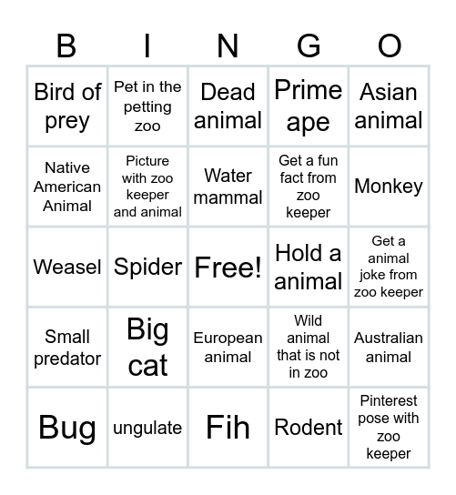 Oakland Zoo Bingo Card