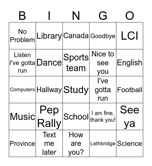 English Word Bingo Card