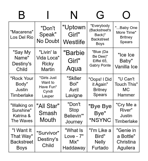 90s/2000s Music Bingo Card