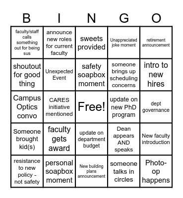 Department Meeting Bingo Card