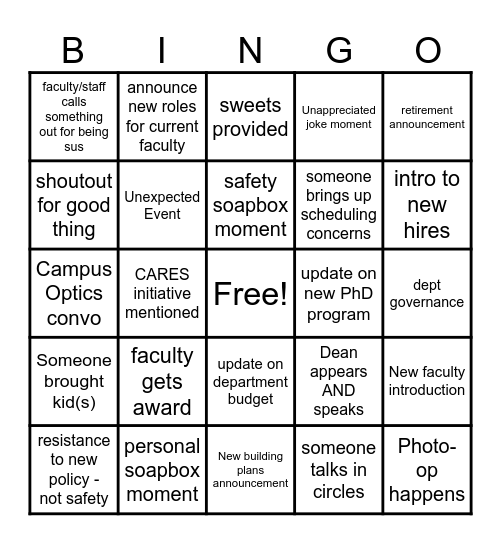 Department Meeting Bingo Card