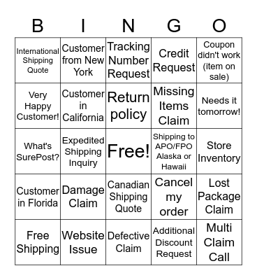 Customer Service Bingo Card