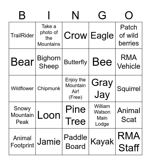 Friends & Family Sightings Bingo Card
