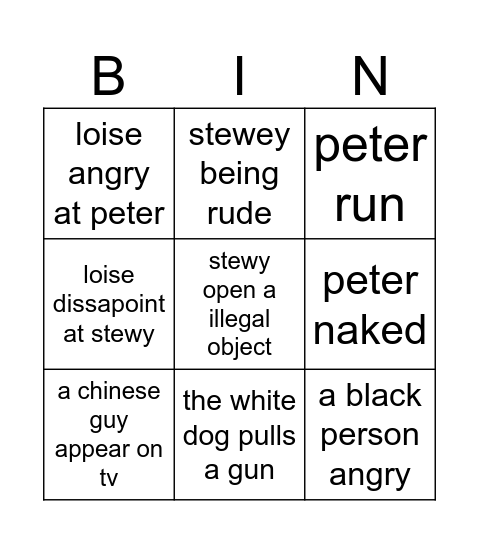 Family guy bingo Card
