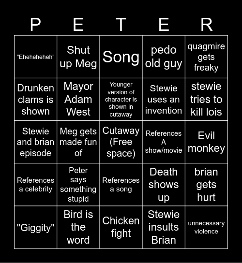 Family guy Bingo Card