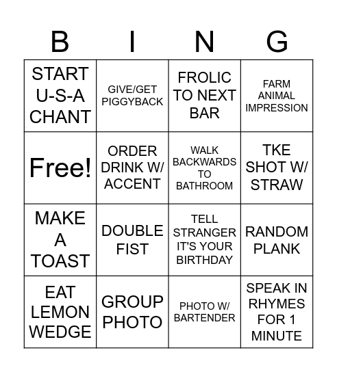 BAR CRAWL BINGO Card