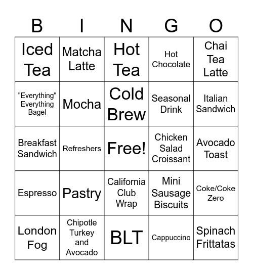 Coffee Shop Menu Words Bingo Card