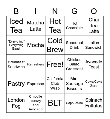 Coffee Shop Menu Words Bingo Card