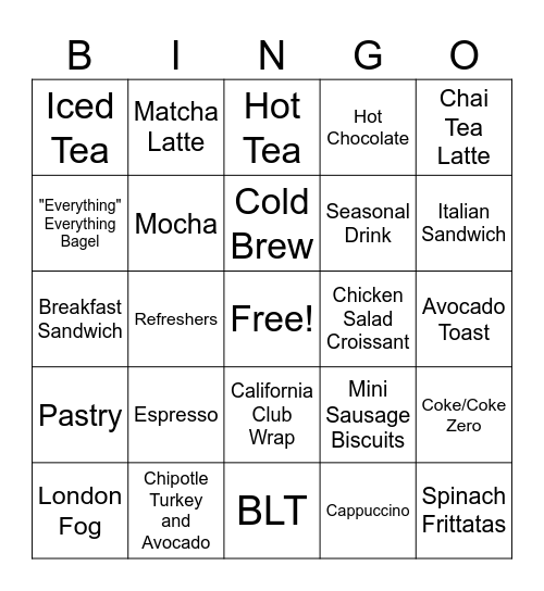 Coffee Shop Menu Words Bingo Card