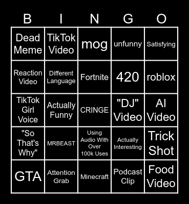 YouTube Shorts Bingo Card