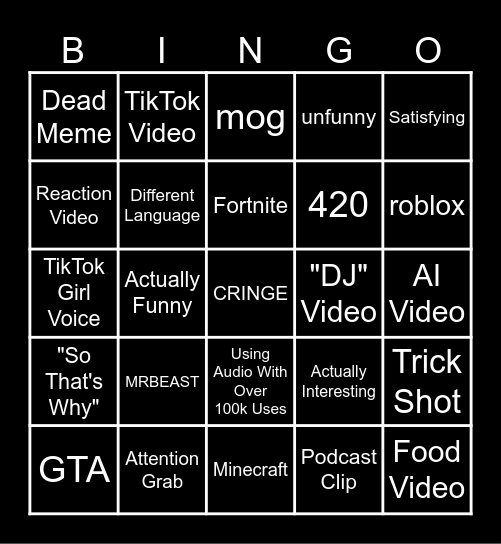 YouTube Shorts Bingo Card