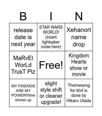 Kingdom Hearts D23! Bingo Card