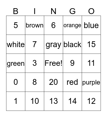 Colors & Numbers Bingo Card