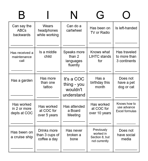 COC Mingle Bingo! Bingo Card
