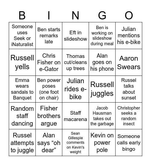 Camp Trexler Bingo Card