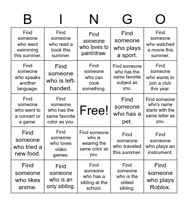 First Day Bingo Card