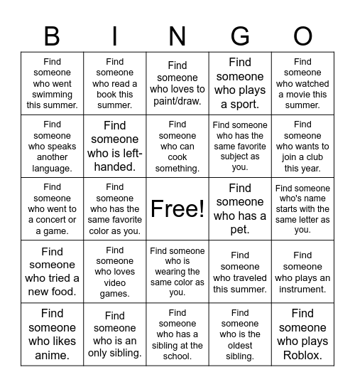 First Day Bingo Card