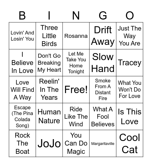 Yacht Rock Round 1 Bingo Card
