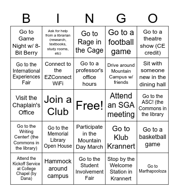 Freshman Year BINGO Card (not a checklist) Bingo Card