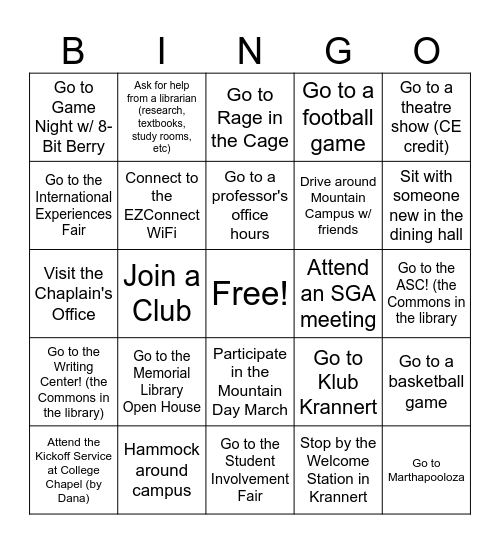 Freshman Year BINGO Card (not a checklist) Bingo Card