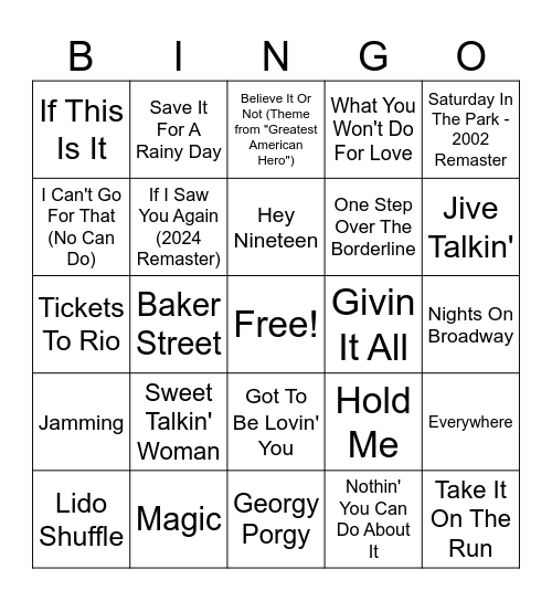 Yacht Rock Round 2 Bingo Card