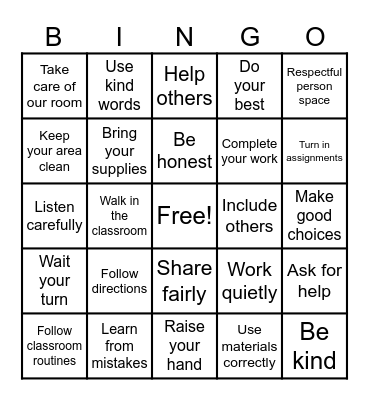 Classroom Expectations Bingo Card