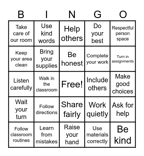 Classroom Expectations Bingo Card