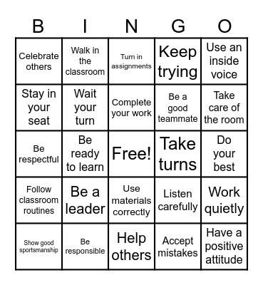 Classroom Expectations Bingo Card