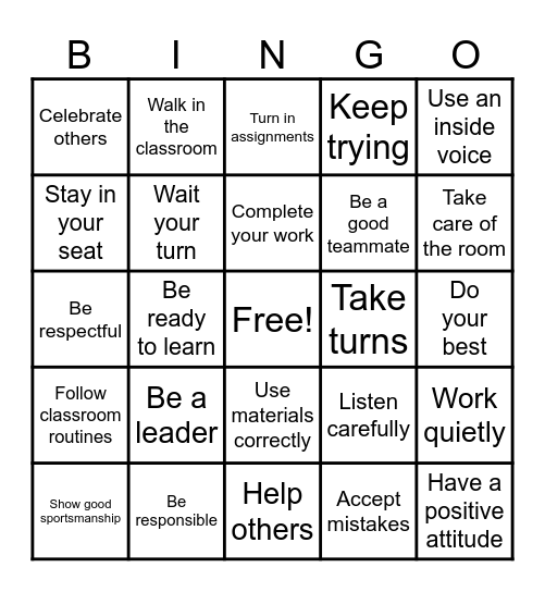 Classroom Expectations Bingo Card
