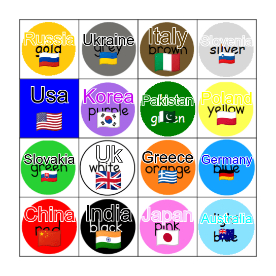 COLOURS NAME Bingo Card