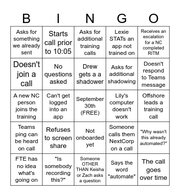 NextCorp Bingo Card