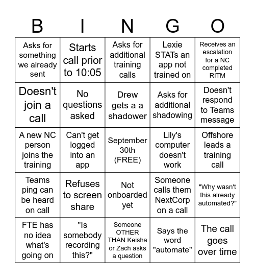 NextCorp Bingo Card