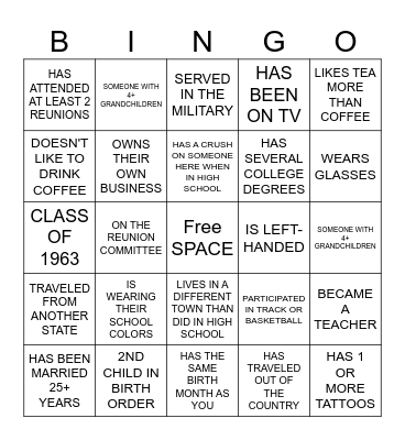 CLASS REUNION BINGO Card